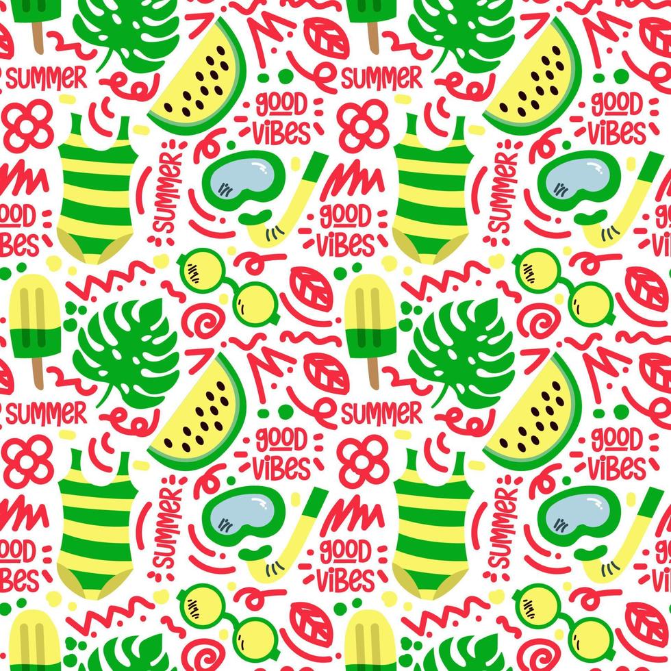 Summer tropical doodle good vibes surf monstera watermelon seamless pattern vector