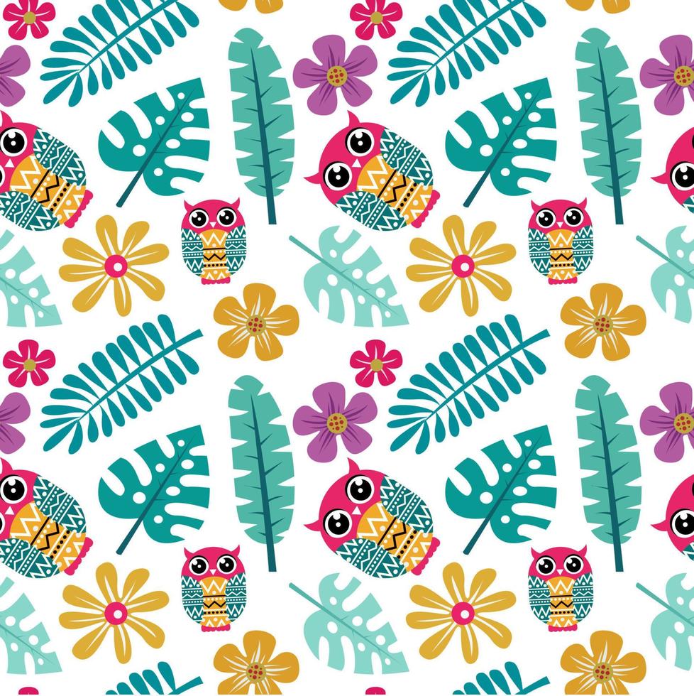 Cute Owl and Tropical Summer Seamless Pattern Background vector