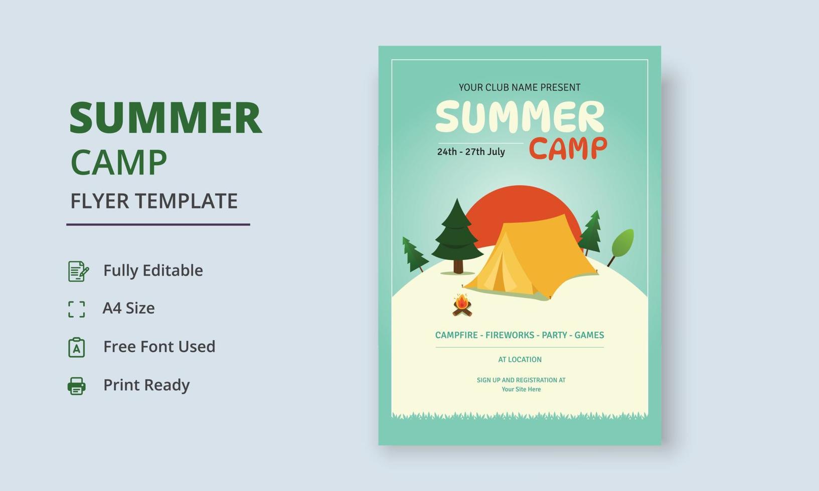 Summer Camp Flyer Template, Kids Summer Camp Flyer Template, Scouts Summer Camp Flyer Template vector