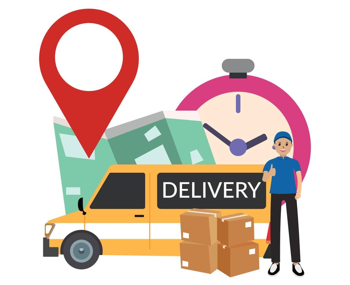 delivery courier. delivery couriers using map cars and clocks. concept of delivering goods on time vector