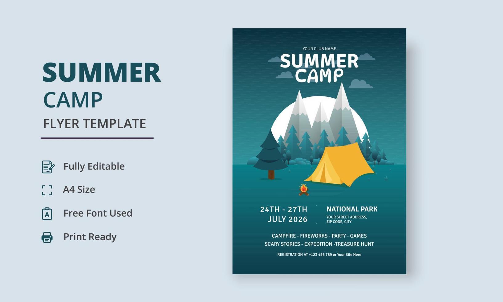 Summer Camp Flyer Template, Kids Summer Camp Flyer Template, Scouts Summer Camp Flyer Template vector