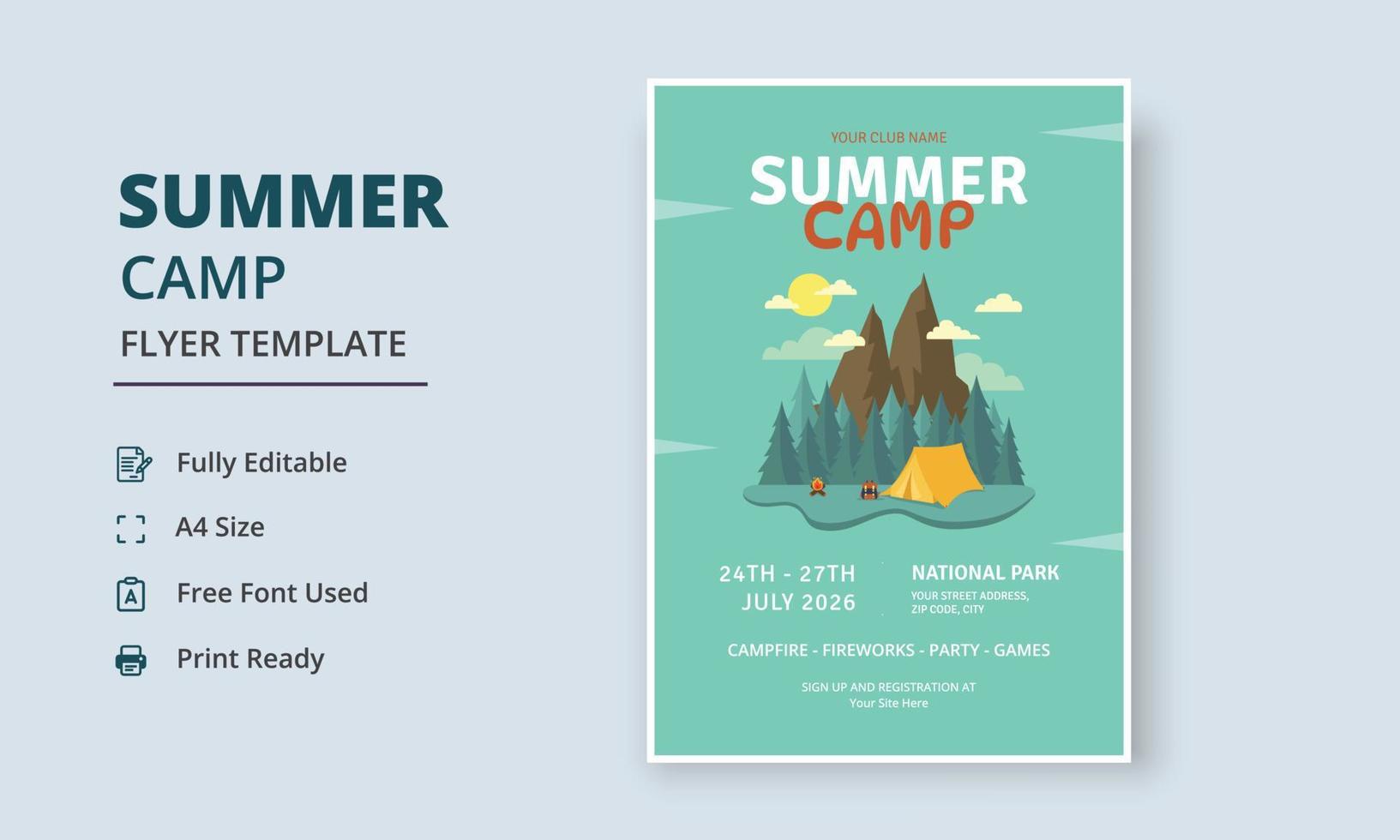 Summer Camp Flyer Template, Kids Summer Camp Flyer Template, Scouts Summer Camp Flyer Template vector