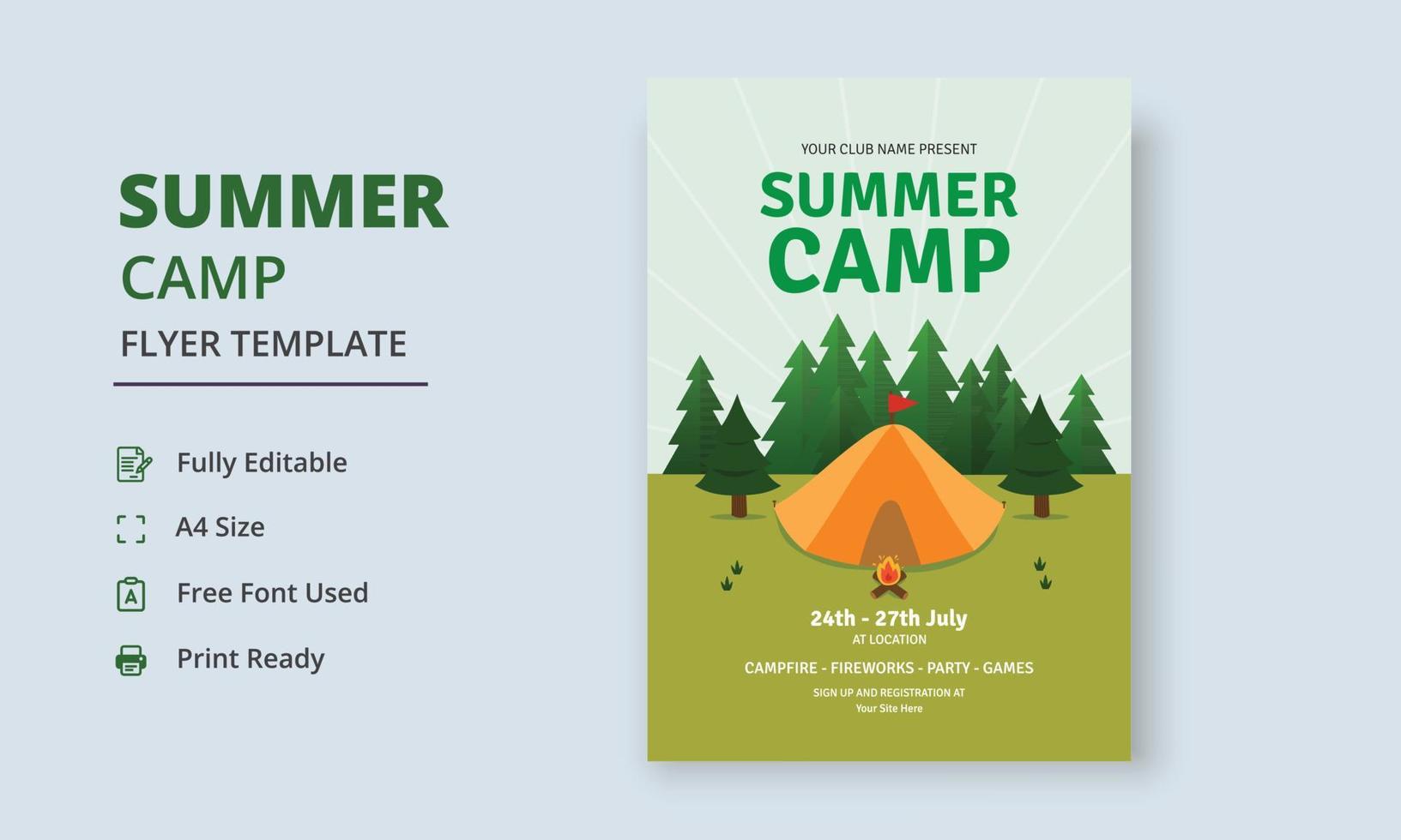 Summer Camp Flyer Template, Kids Summer Camp Flyer Template, Scouts Summer Camp Flyer Template vector