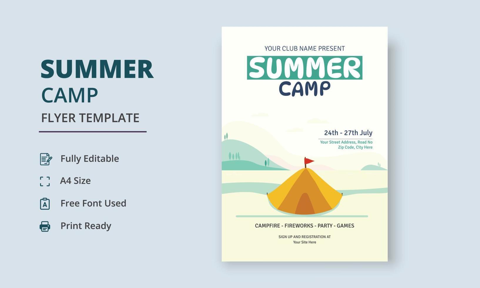 Summer Camp Flyer Template, Kids Summer Camp Flyer Template, Scouts Summer Camp Flyer Template vector
