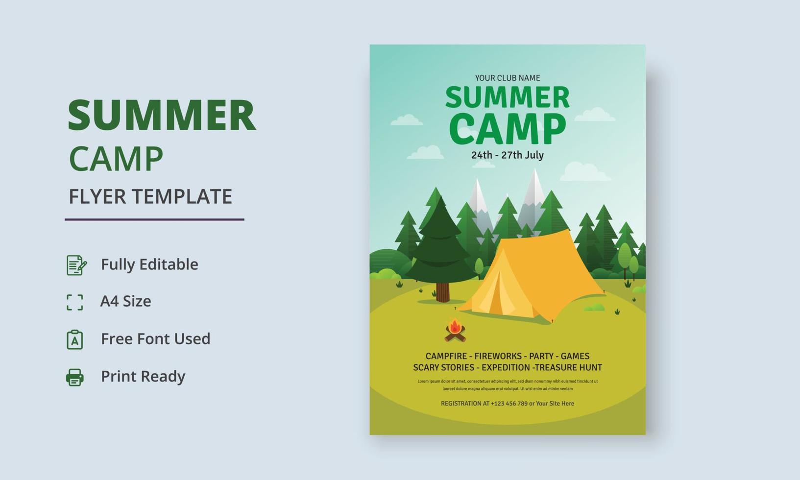 verano acampar volantes plantilla, niños verano acampar volantes plantilla, exploradores verano acampar volantes modelo vector