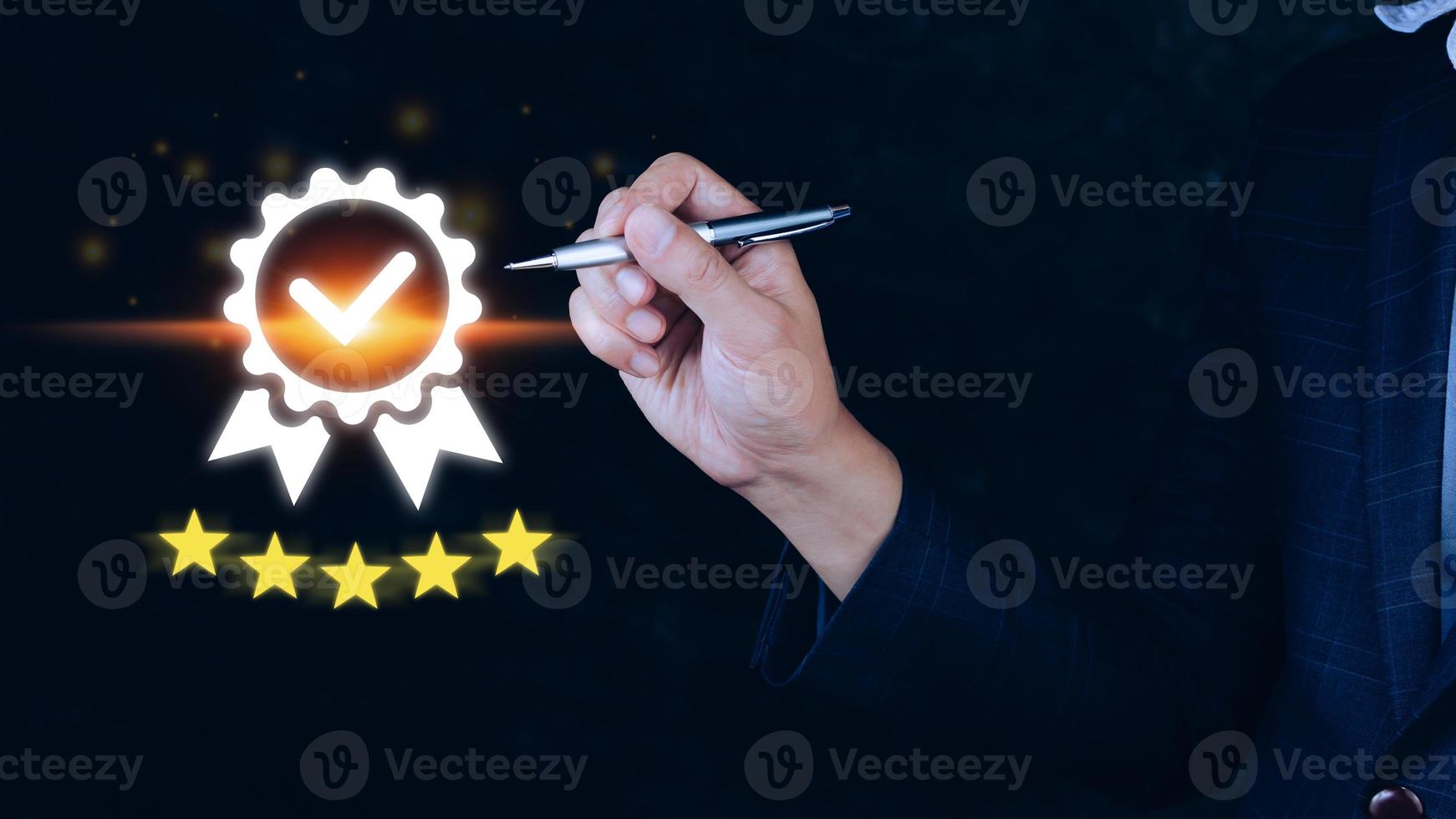 Businessman hand touching to symbol of the top service Quality assurance 5 star, Guarantee, best product, Standards, ISO certification and standardization concept. photo