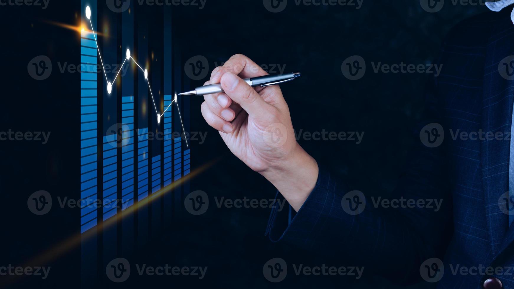 Businessman touch points symbol stock graph and chart background, concept growth and development business investment, Stock market and strategy making market plan and stock market fluctuations photo