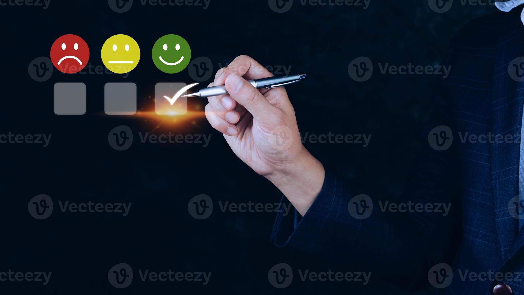 Businessman choosing happy smile face icon. feedback rating and positive customer review experience, satisfaction survey. mental health assessment. World mental health day concept photo