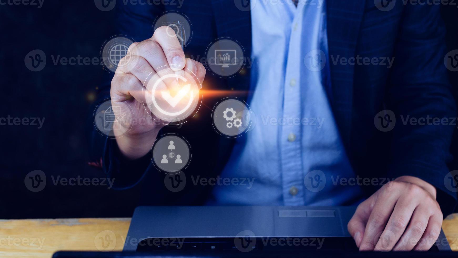 Quality management with Quality assurance or QA and Quality control or QC and improvement. Standardization and certification concept. compliance to regulations and standards. concept with manager. photo