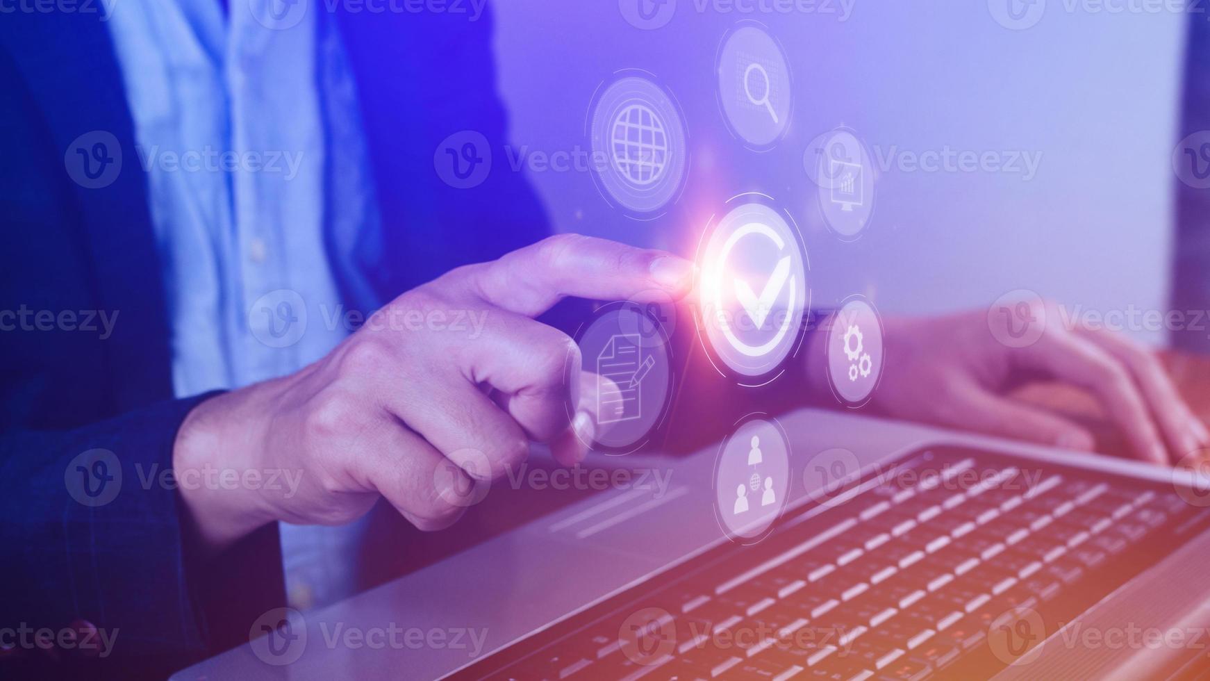 Quality management with Quality assurance or QA and Quality control or QC and improvement. Standardization and certification concept. compliance to regulations and standards. concept with manager. photo