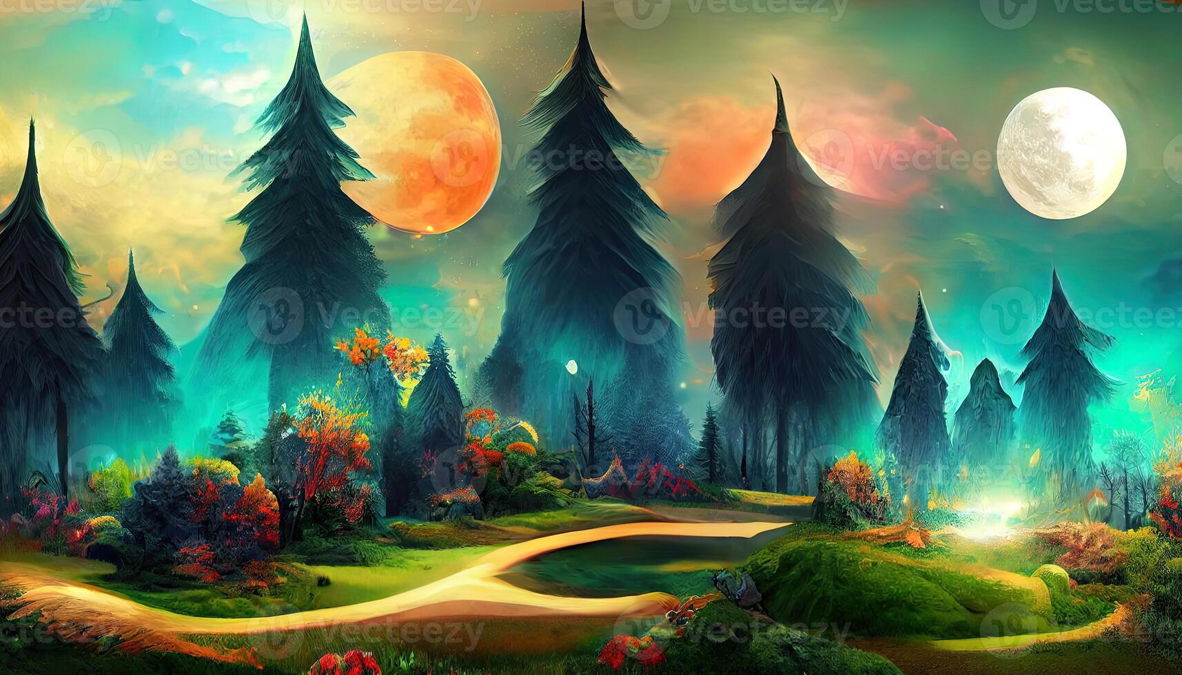 Fantasy magical enchanted fabulous fairy tale landscape with forest lake blooming pink rose flower garden, two butterflies on a mysterious blue background, and glowing moon rays . photo