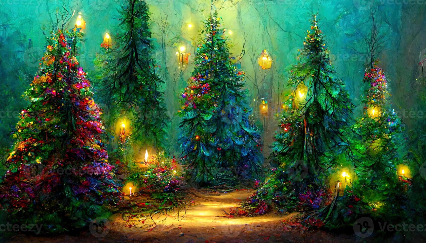 Scenery with abstract light bursts and glittering trees. photo