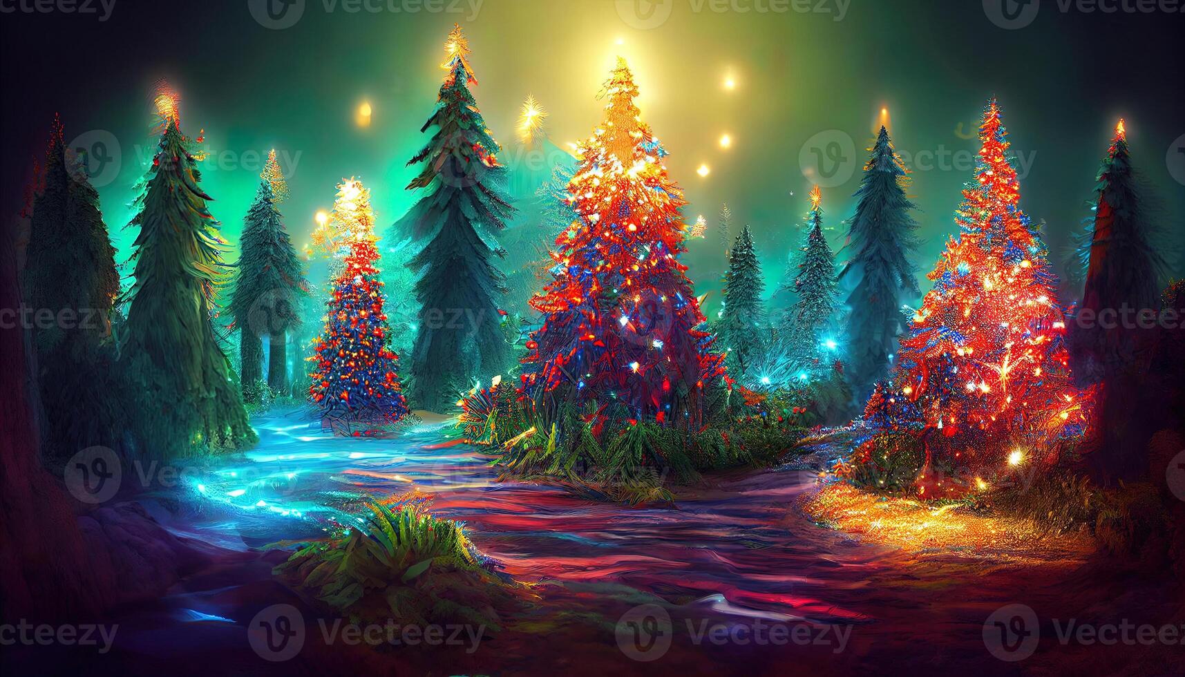 Beautiful snowy forest and abstract shiny light background. photo