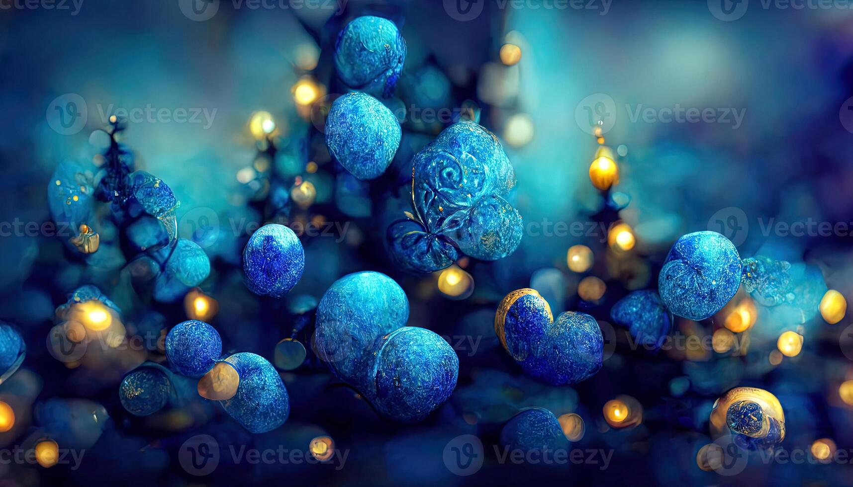 Abstract pattern of blue bokeh garland lights on dark background 3d render. photo