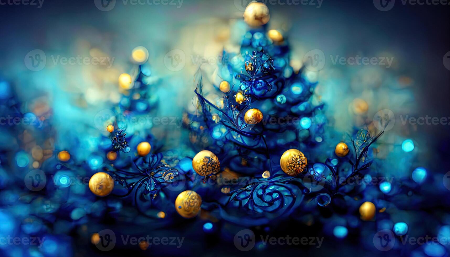 Golden bokeh particles on blue background, 3D rendering. photo