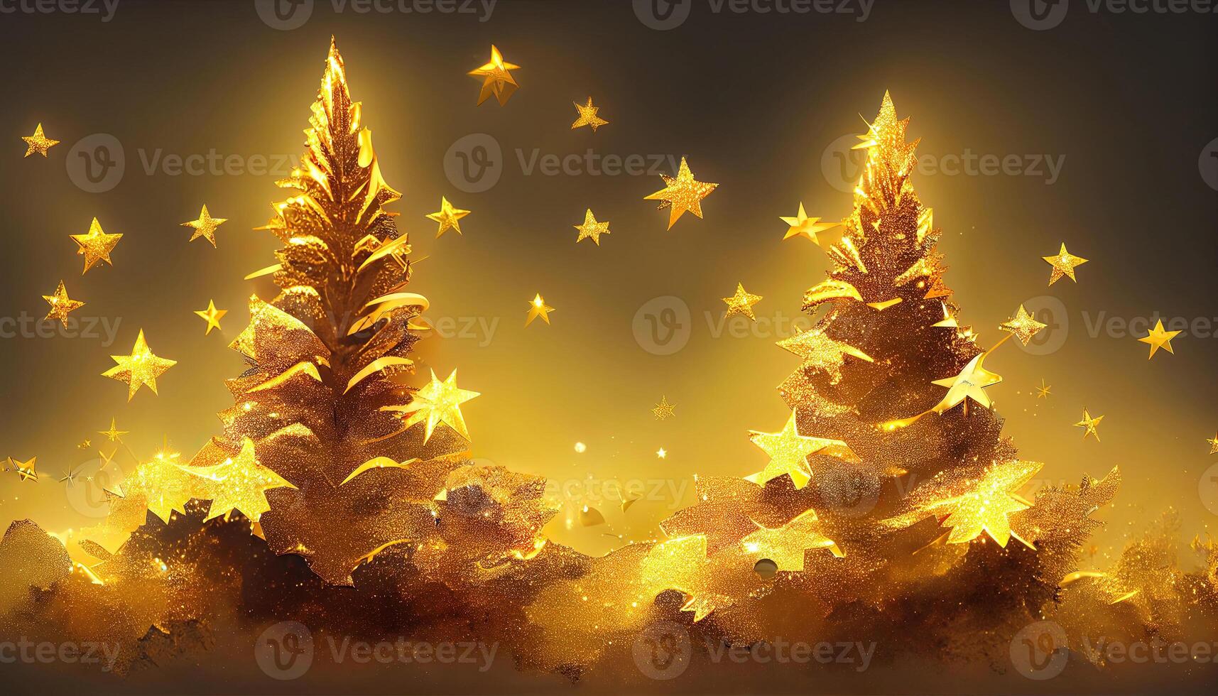Golden Christmas tree isolated on stars sky background. photo