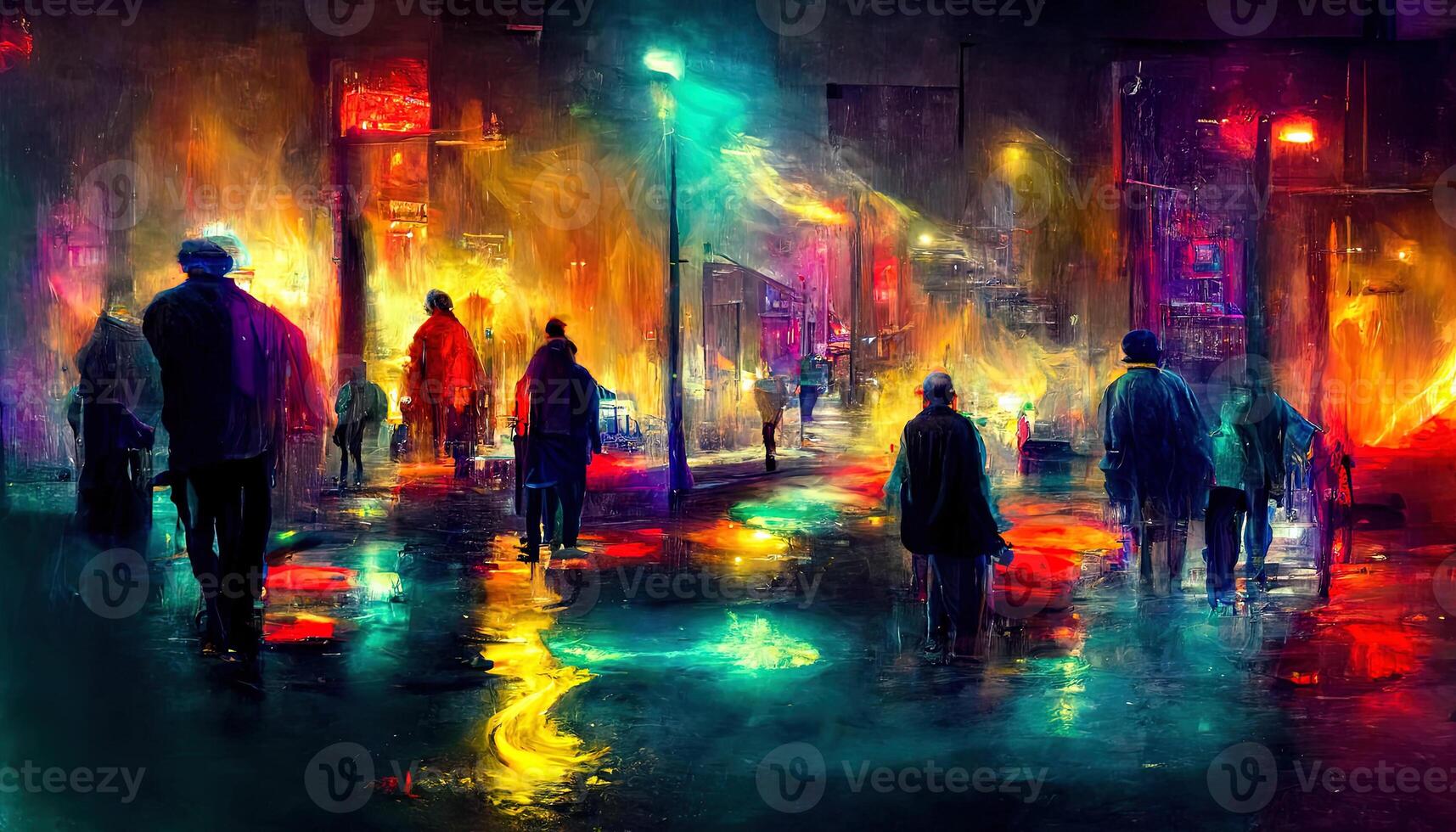 Empty background scene. Dark street reflection on the wet pavement. Rays neon light in the dark, neon figures, smoke. Night view of the street, the city. photo