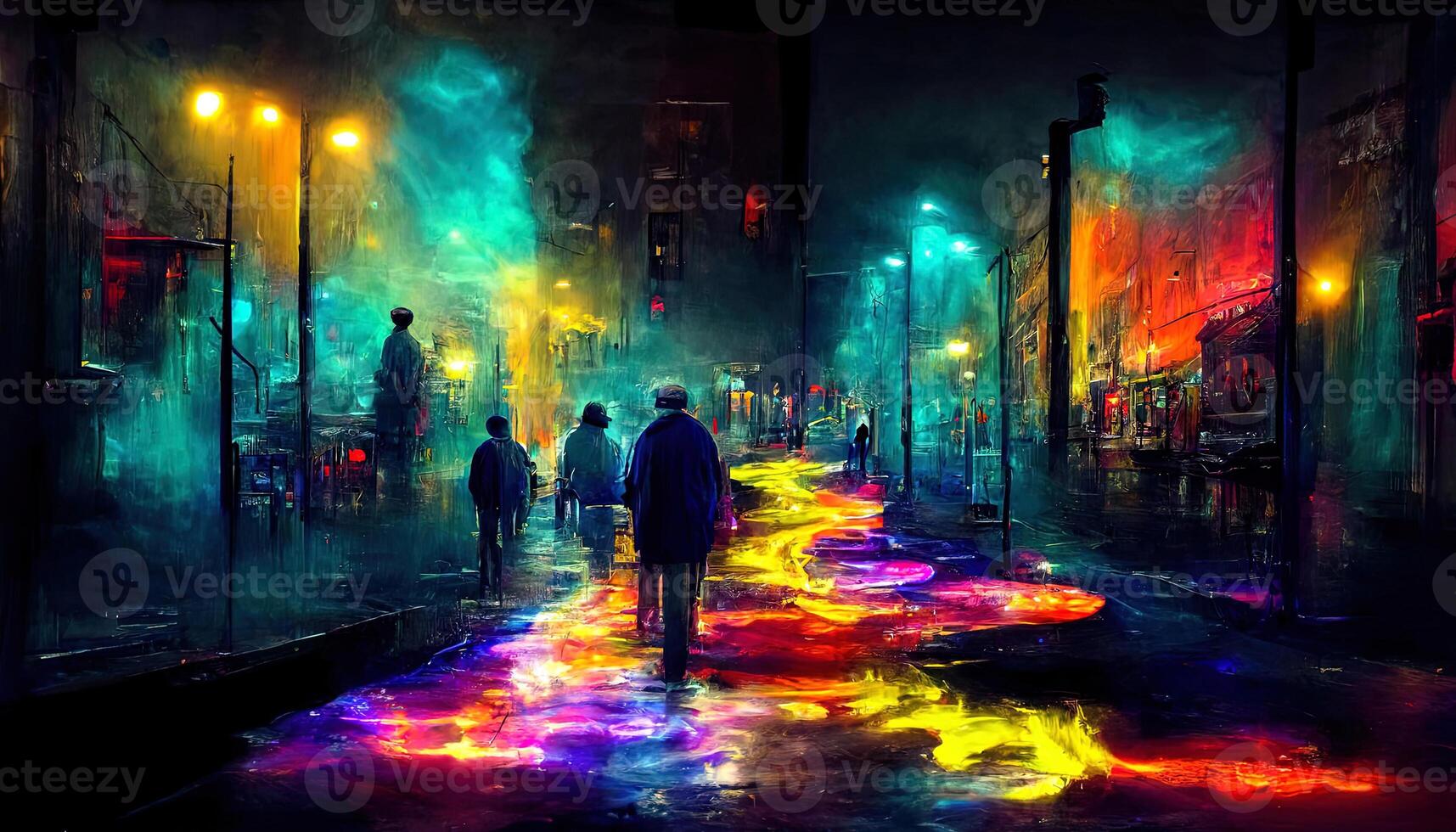 Empty background scene. Dark street reflection on the wet pavement. Rays neon light in the dark, neon figures, smoke. Night view of the street, the city. photo