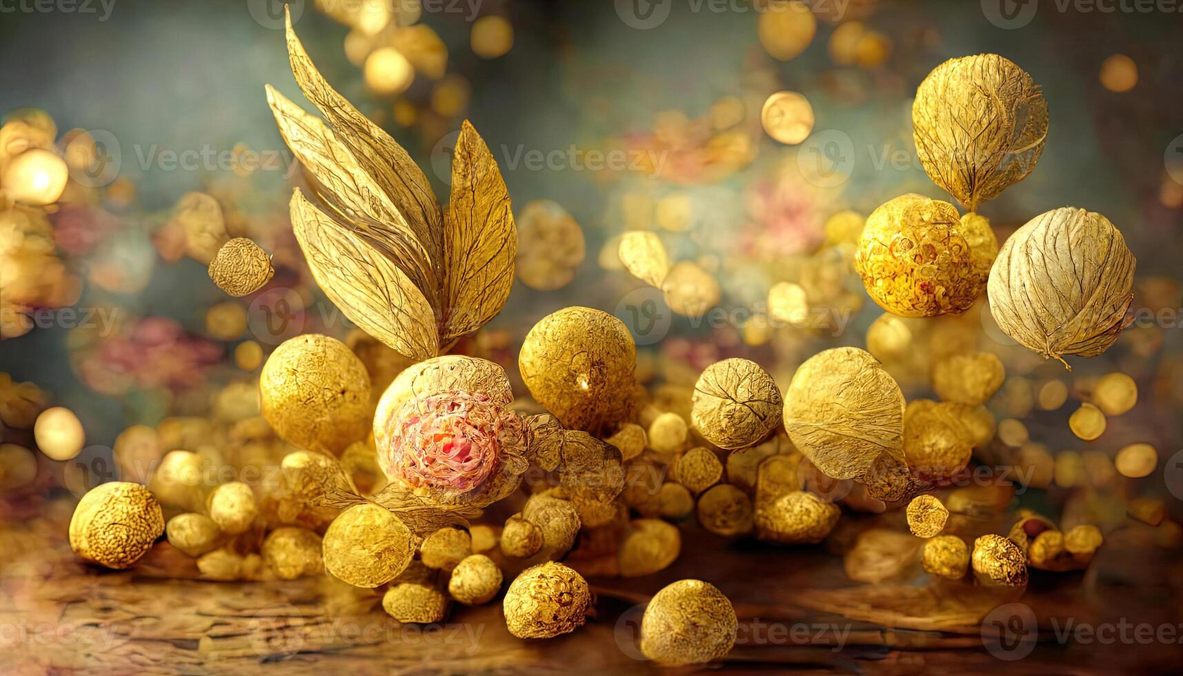 Abstract luxury swirling gold background with gold particle. Christmas Golden light shine particles bokeh on dark background. photo