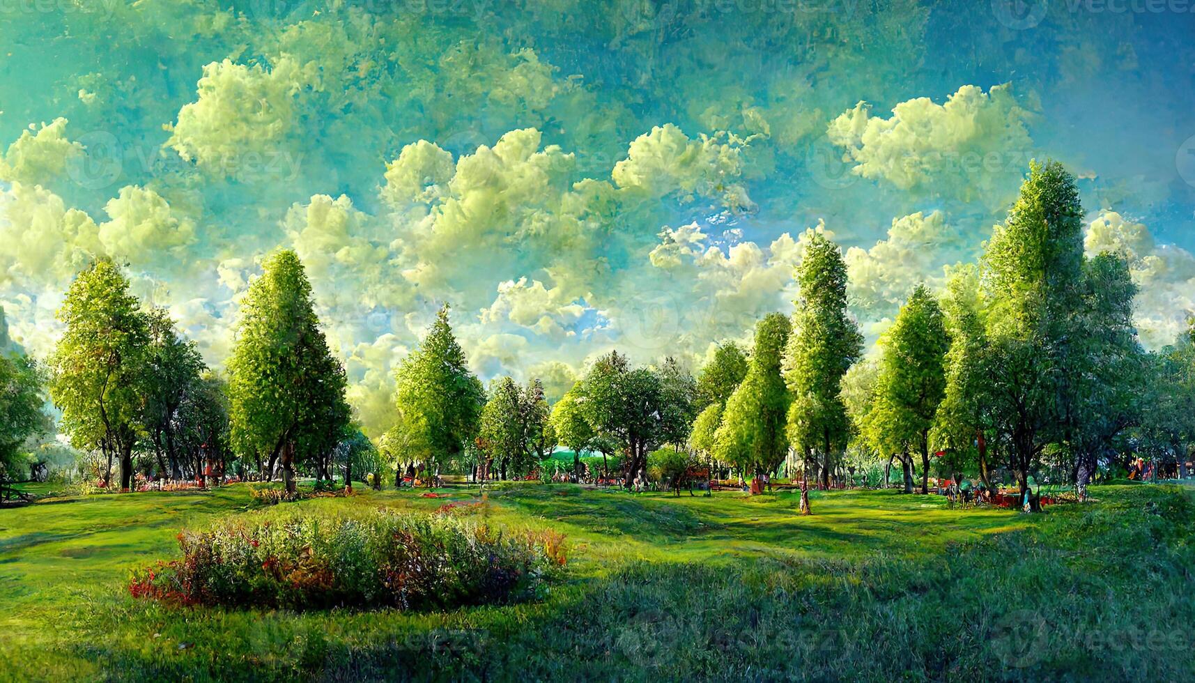 Green meadow in the park with trees and sky in summer. photo