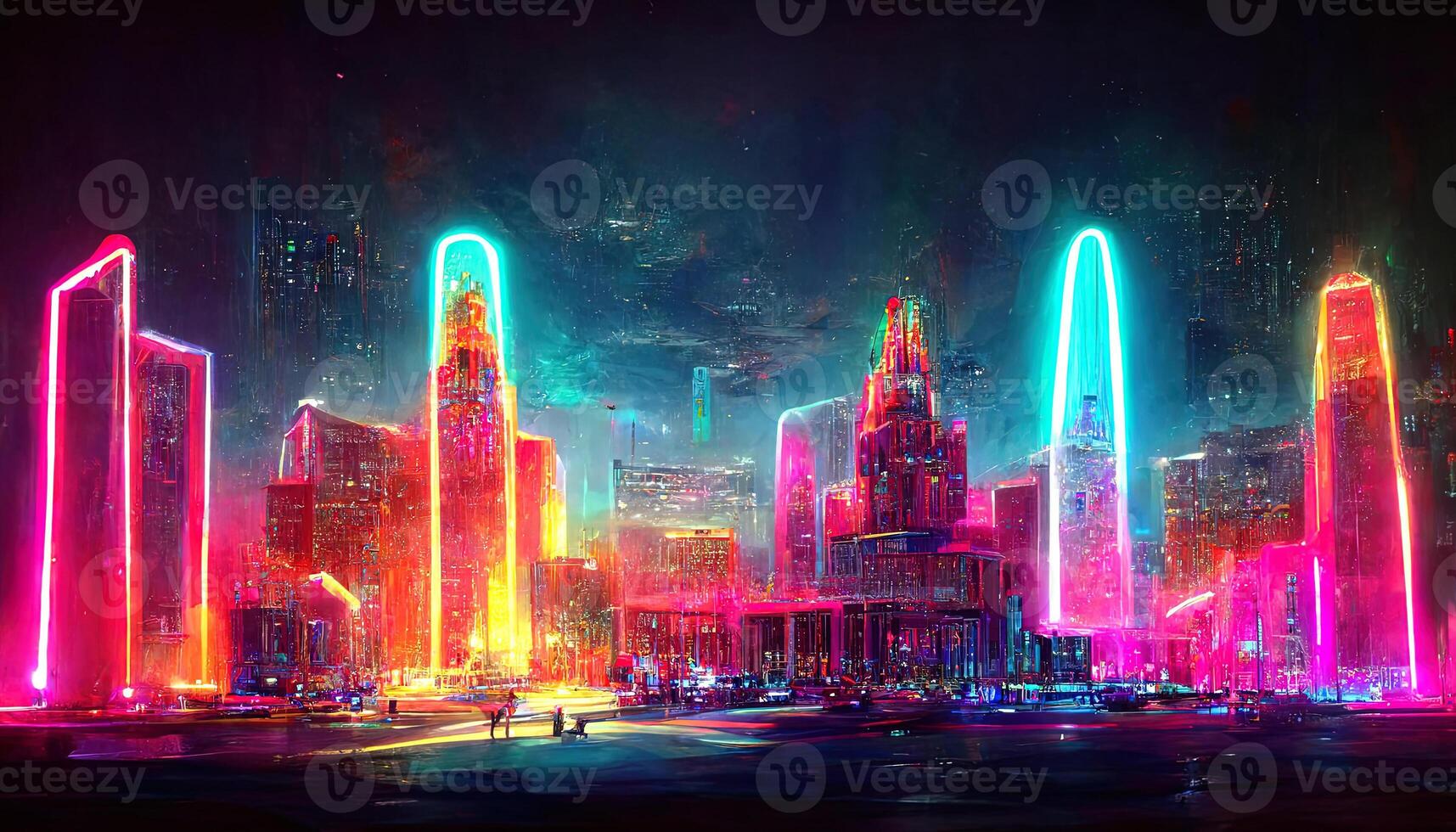 Background with night city in neon lights. photo