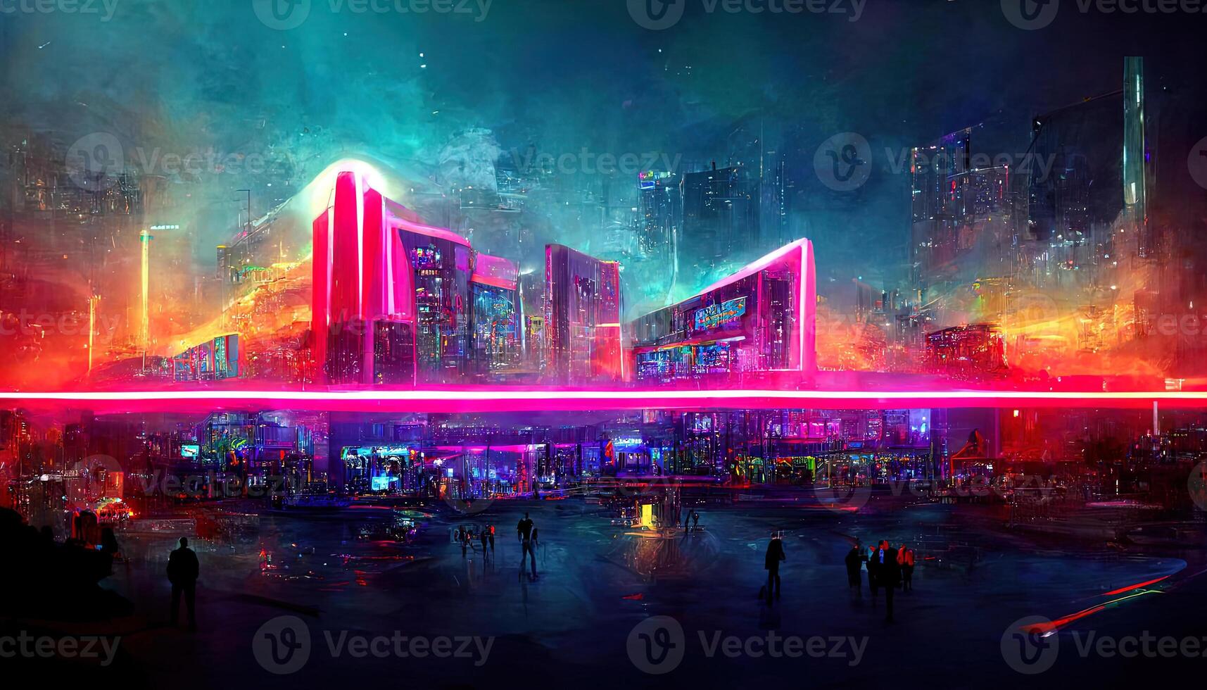 Glowing neon light synthwave cityscape background. photo