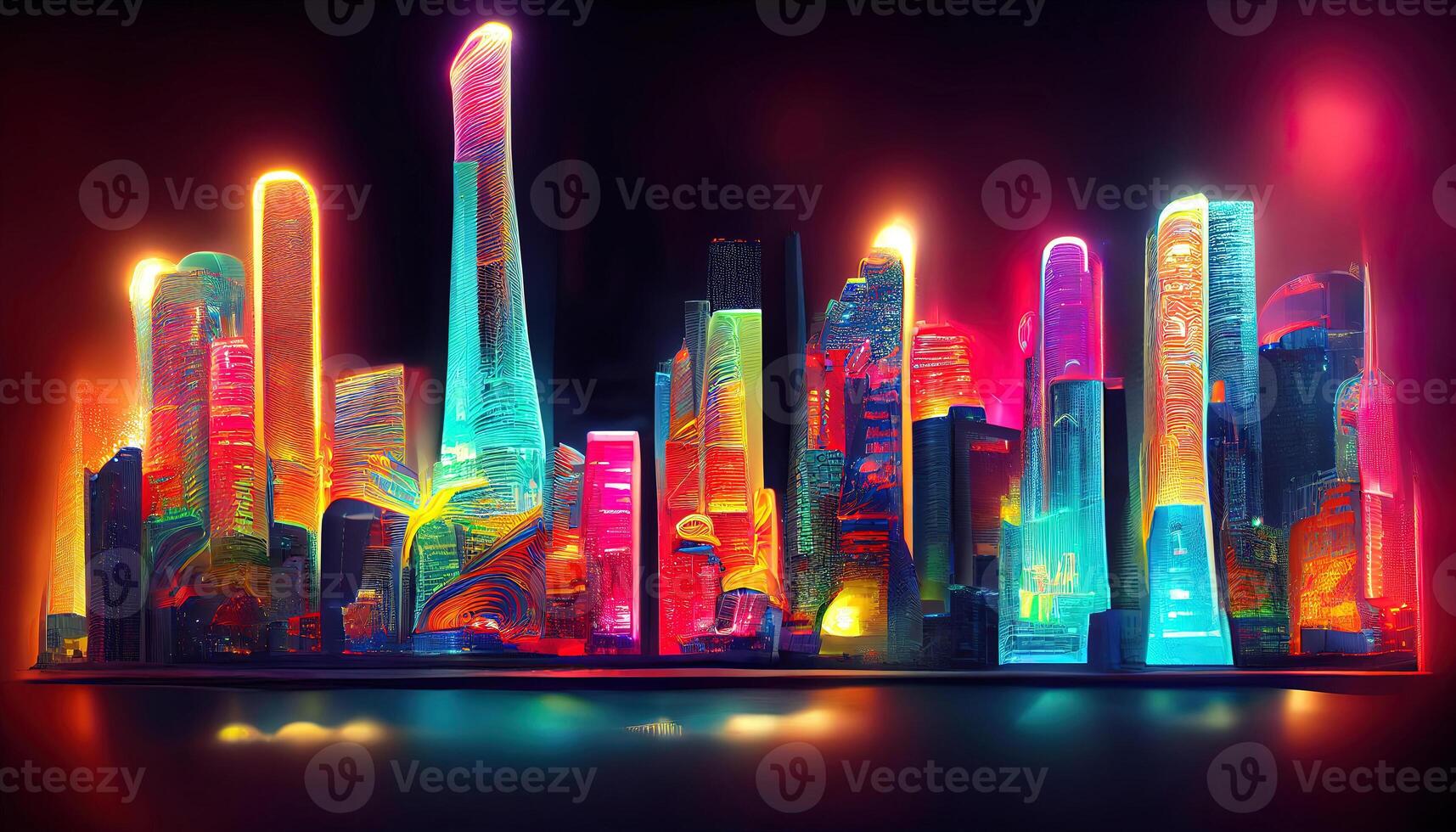 3D Rendering of futuristic virtual sci fi city. Many high sky scrapper building towers. Concept for night life, business vision, cyberpunk, technology product. photo
