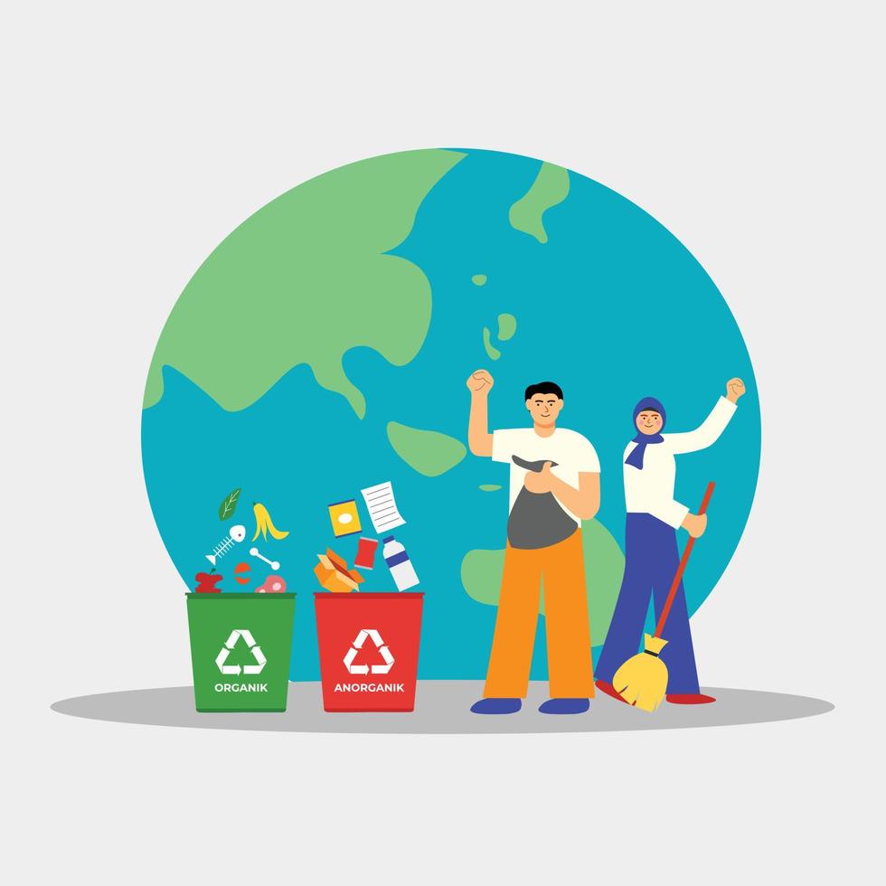 Illustration people do waste sorting. garbage, rubsih sorting. people putting rubish in trash bins. trash container classifiation. Save the earth concept design vector