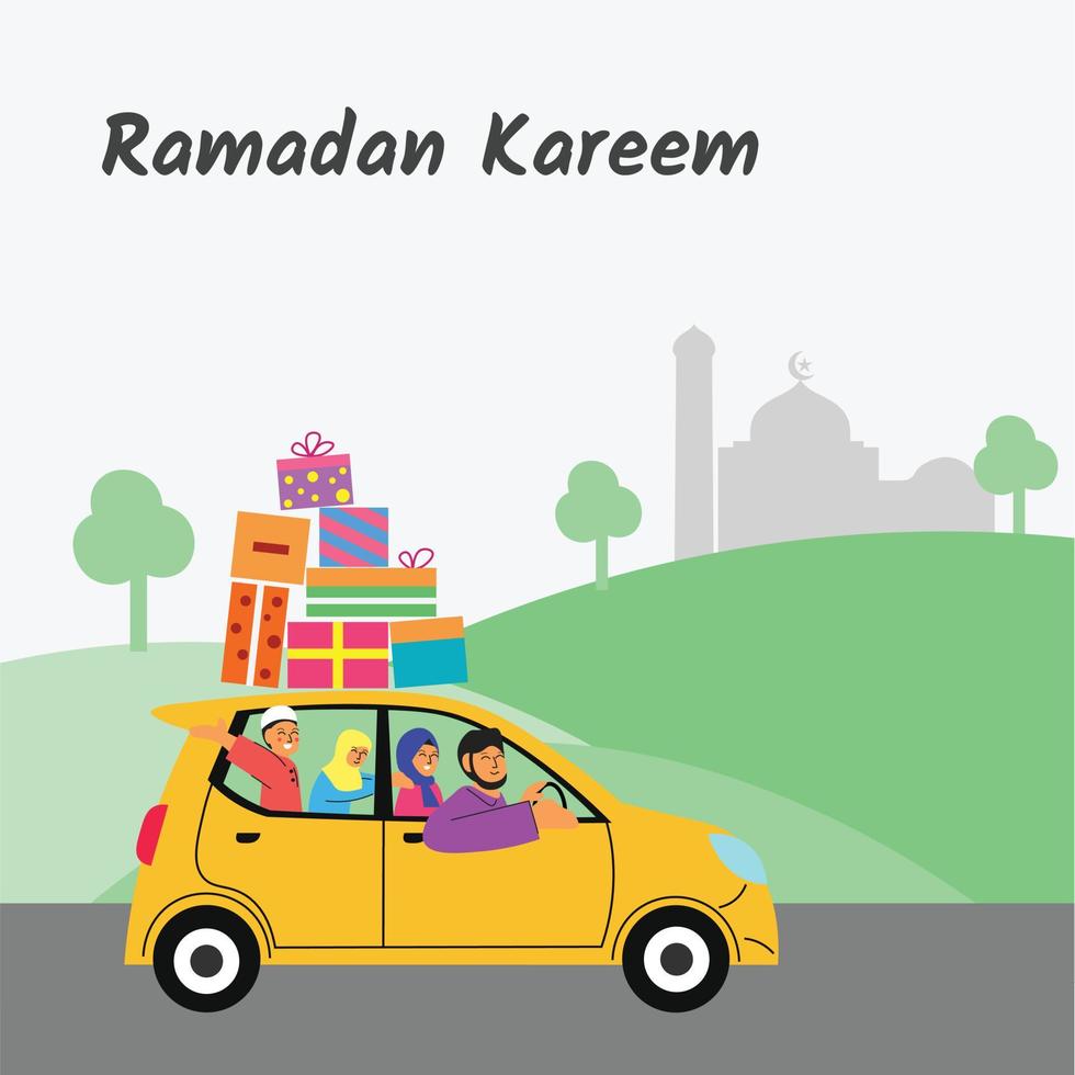 Vector Illustration of family travel by car. vehicle with suitcase on roof. mudik ramadan kareem celebrate tradition