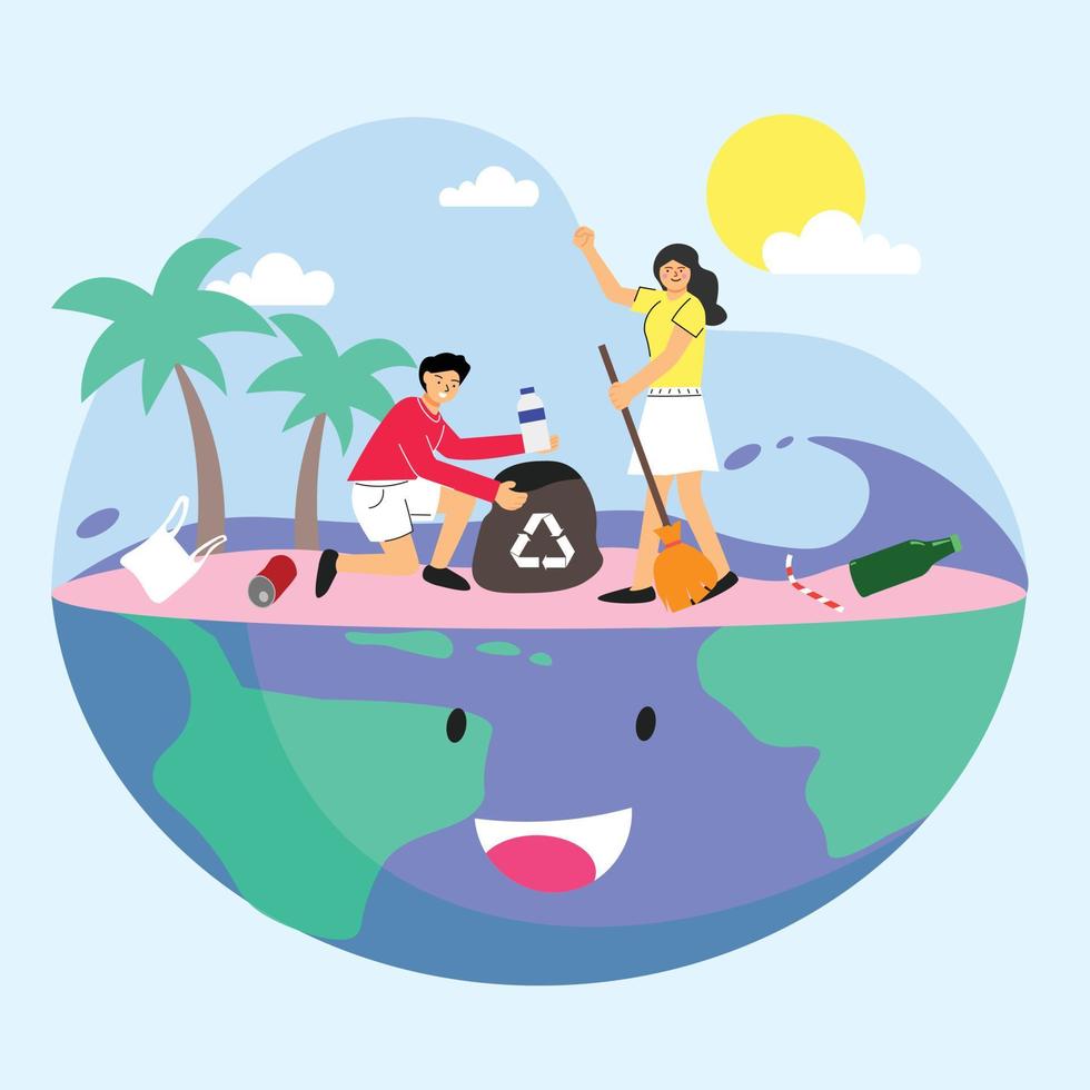 Vector beach cleanup concept flat illustration with man and woman holding trash bag putting rubish in trash bins for cleaning seaside