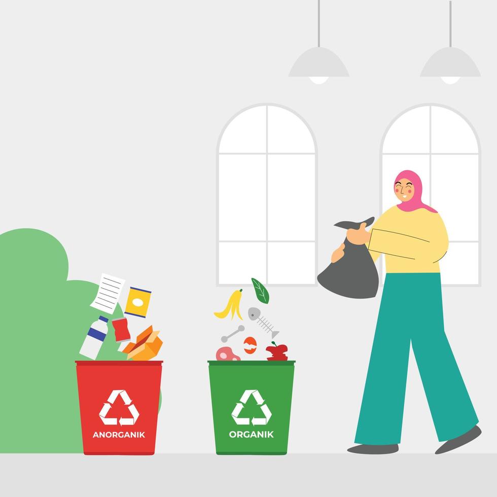 Illustration of woman hijab do waste sorting. garbage, rubsih sorting. people putting rubish in trash bins. trash container classifiation. Save the earth concept design vector