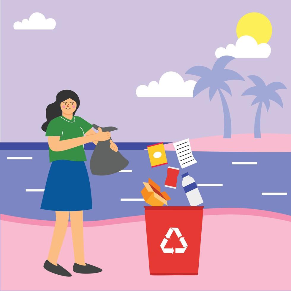 Vector beach cleanup concept flat illustration with woman holding trash bag putting rubish in trash bins