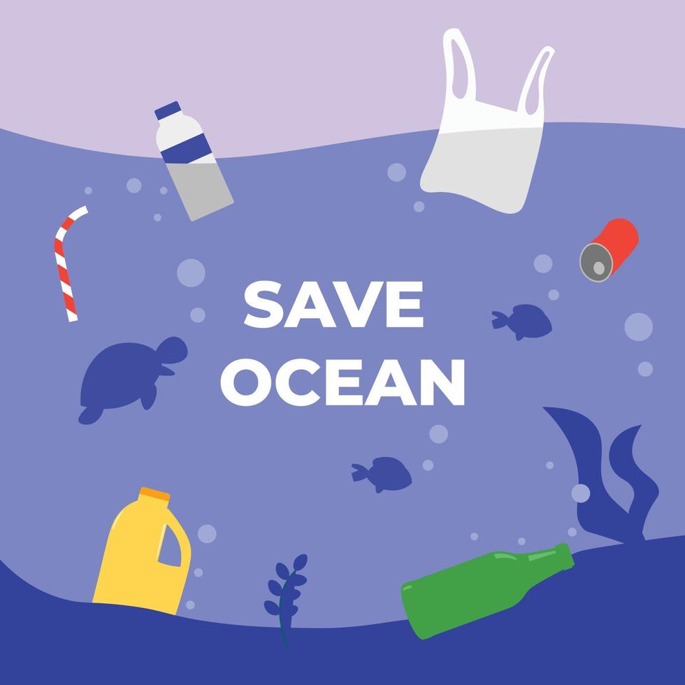 Vector save ocean concept flat illustration with ocean plastic pollution under the sea