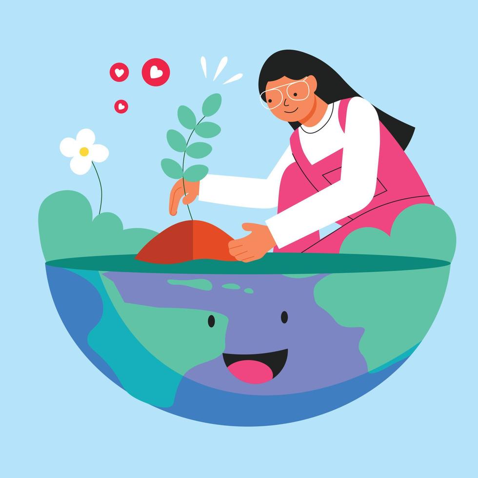 Vector world environment day concept flat illustration with woman planting takes care for environment