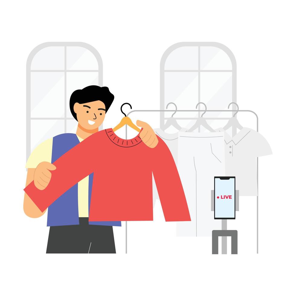 un hombre haciendo En Vivo transmisión en social medios de comunicación. anfitrión hombre haciendo En Vivo compras en mi comercio plataforma. digital márketing vector ilustración concepto.