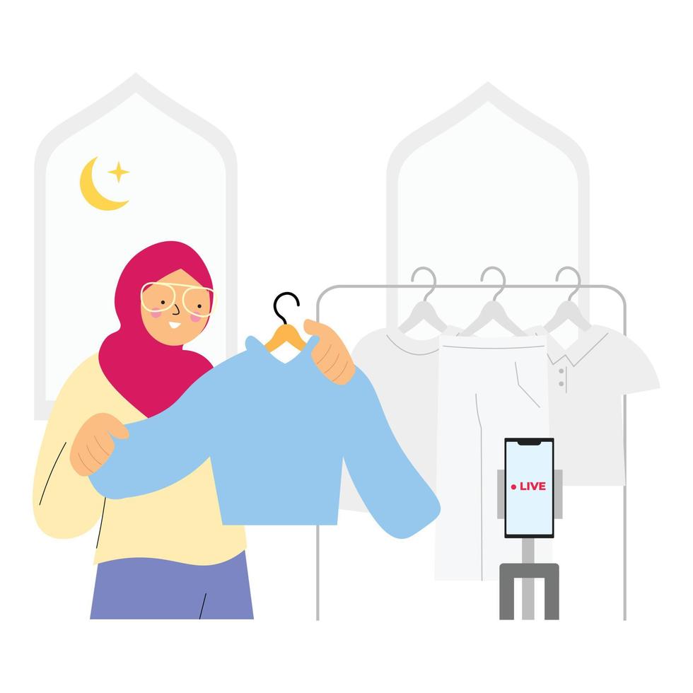 Vector hijab girl doing live streaming on social media. host woman doing live sell on e commerce platform. digital marketing illustration concept