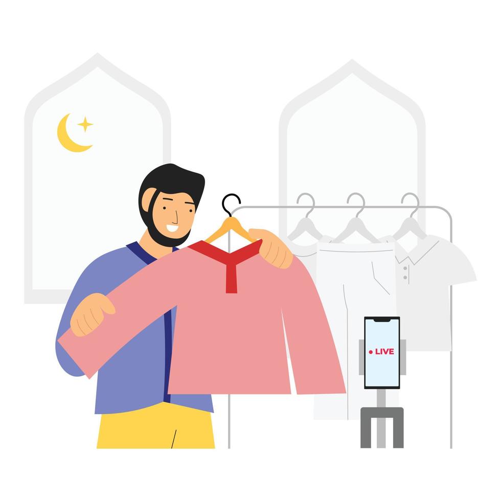 muslim man doing live streaming on social media. host man doing live shopping on e commerce platform. digital marketing vector illustration concept.