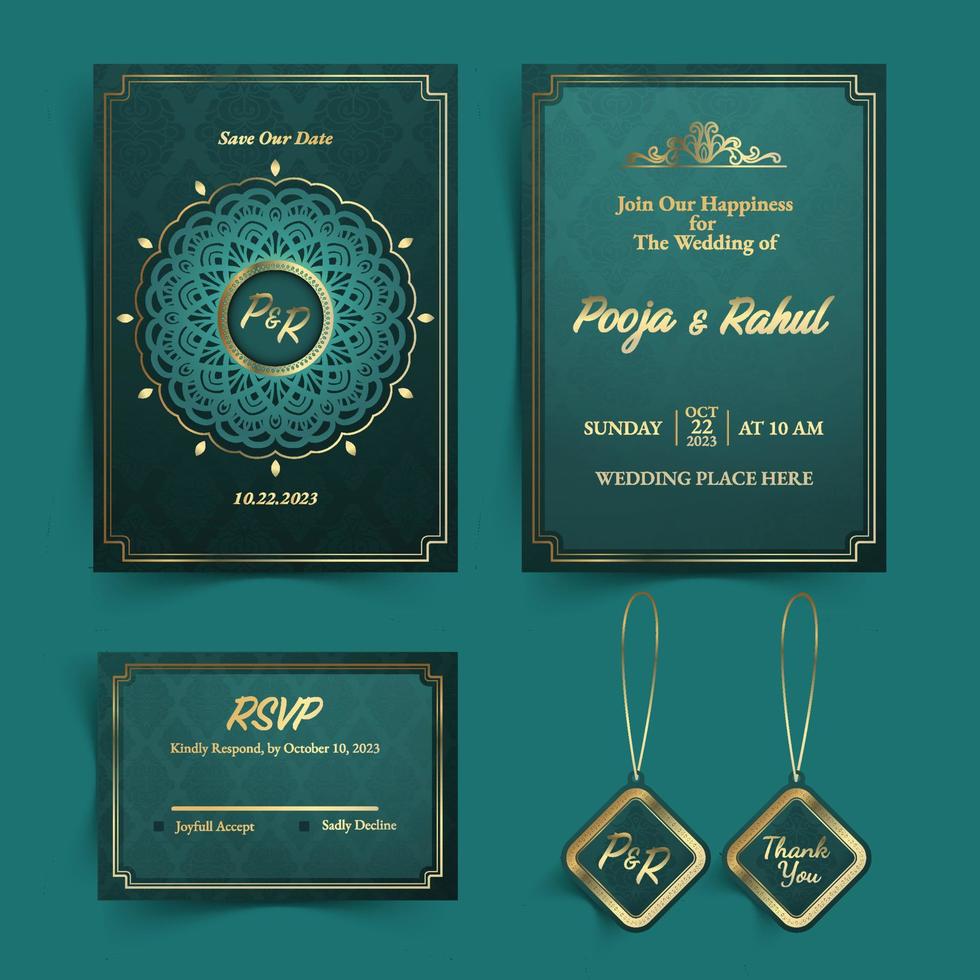 Luxury Indian Wedding Invitation Card Set in Green and Gold Color vector