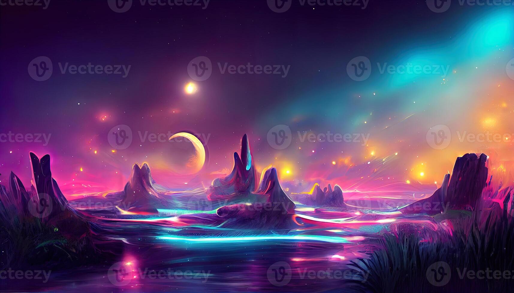 3d render of a science fiction landscape with ufo. photo