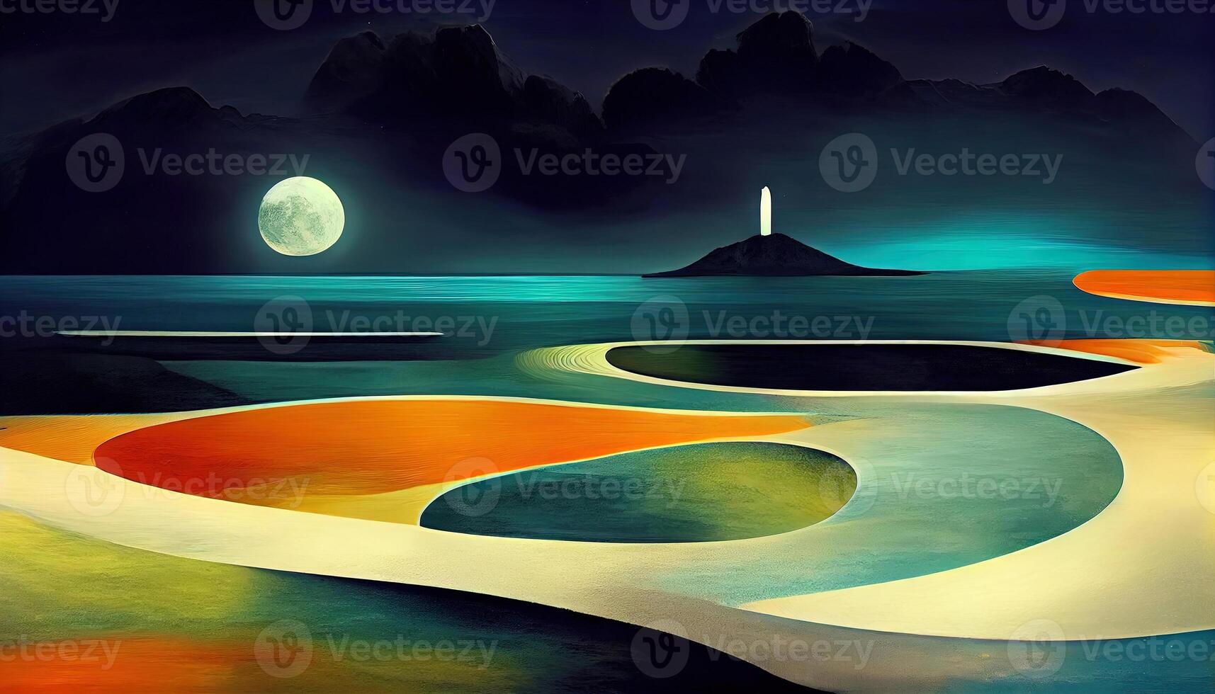 Fantasy landscape, sci fi landscape with planet, neon light, cold planet. Beautiful sunset. Mountain desert landscape. Dark natural scene with light reflection in water. photo