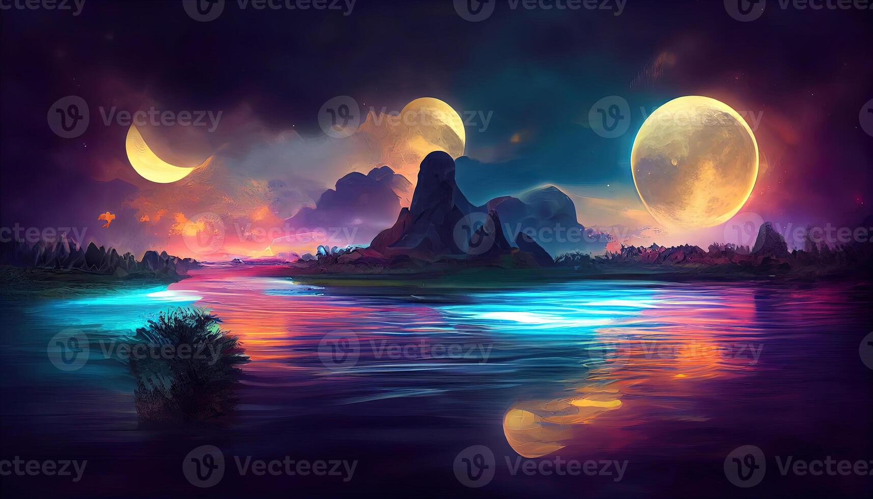 Futuristic fantasy abstract night landscape with island moonlight shine. photo