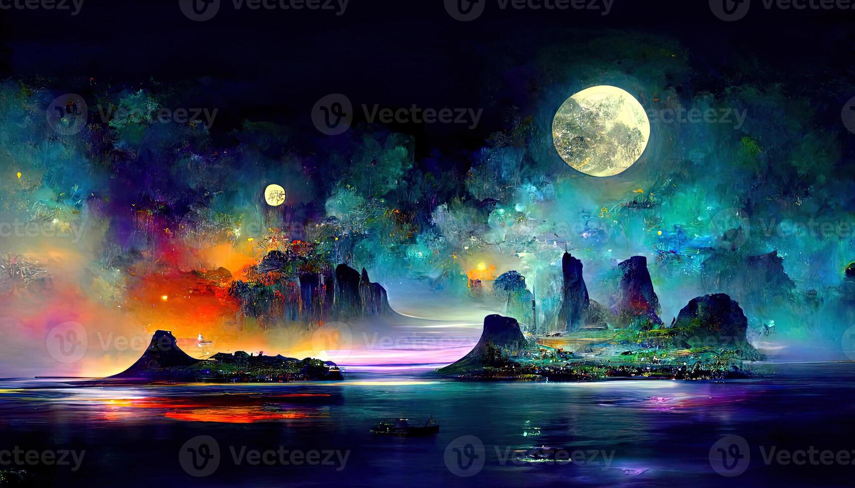 Modern futuristic fantasy night landscape with abstract islands and night sky with space galaxies. photo
