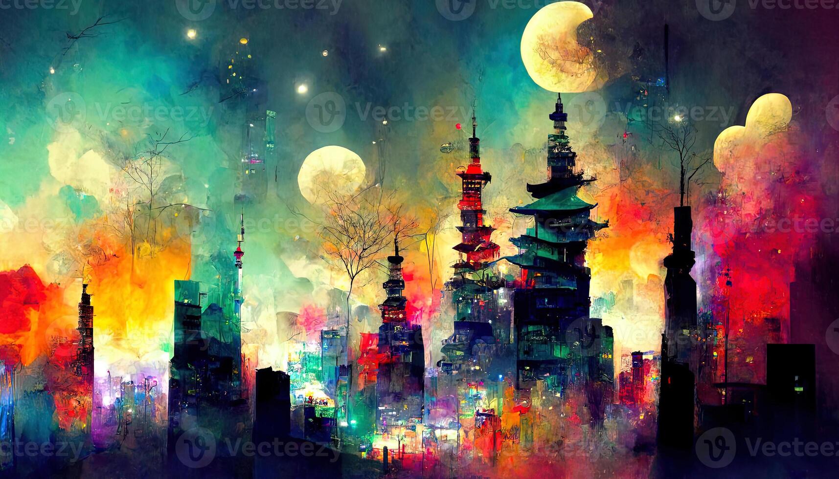 Fantasy night city Japanese landscape, neon light, residential buildings, big sakura tree. photo