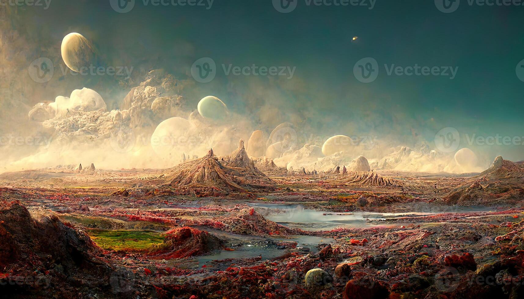 Alien planet landscape with volcano, river, stars and moons in sky. photo