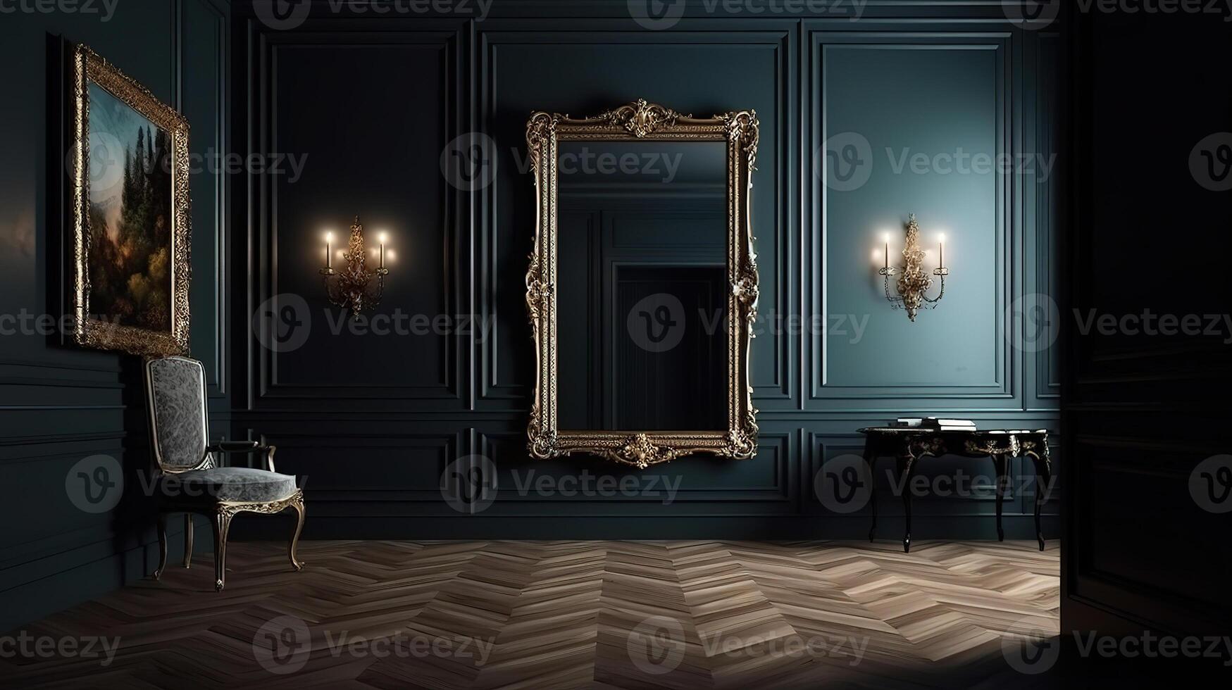 Frame mockup in dark classic interior, 3d render. photo