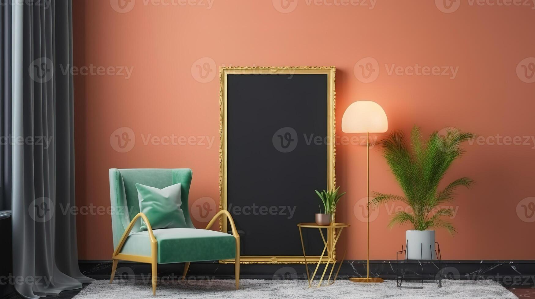 Mockup frame in nomadic boho interior background with rustic decor. photo
