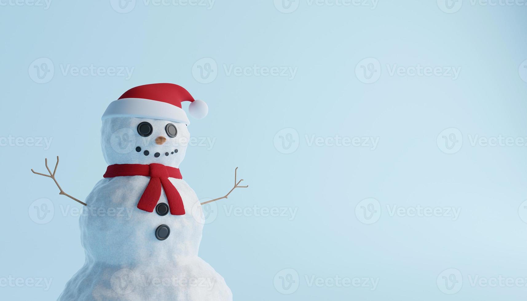 concept of Christmas white happy snowman with red scarf and Santa hat on blue background. 3D Illustration photo