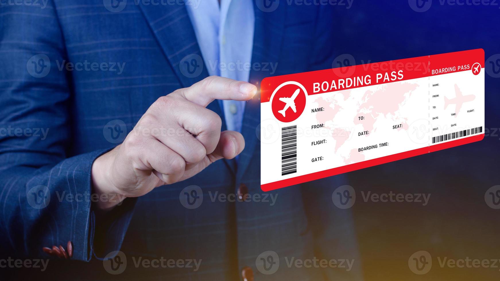 Hand holding boarding pass tickets air travel concept, Choosing checking electronic flight ticket. photo