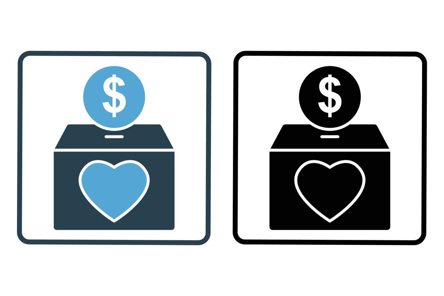 donación icono ilustración. caja y corazón con dólar. icono relacionado a caridad. sólido icono estilo. sencillo vector diseño editable