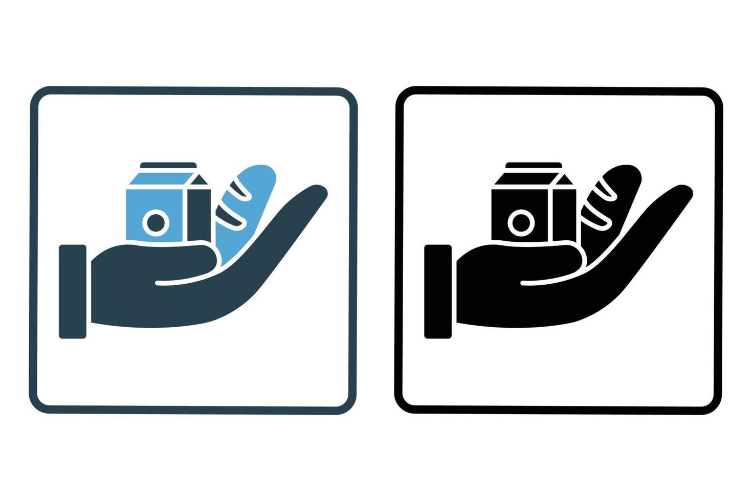 Food donation icon illustration. Hand with food. Icon related to charity. Solid icon style. Simple vector design editable